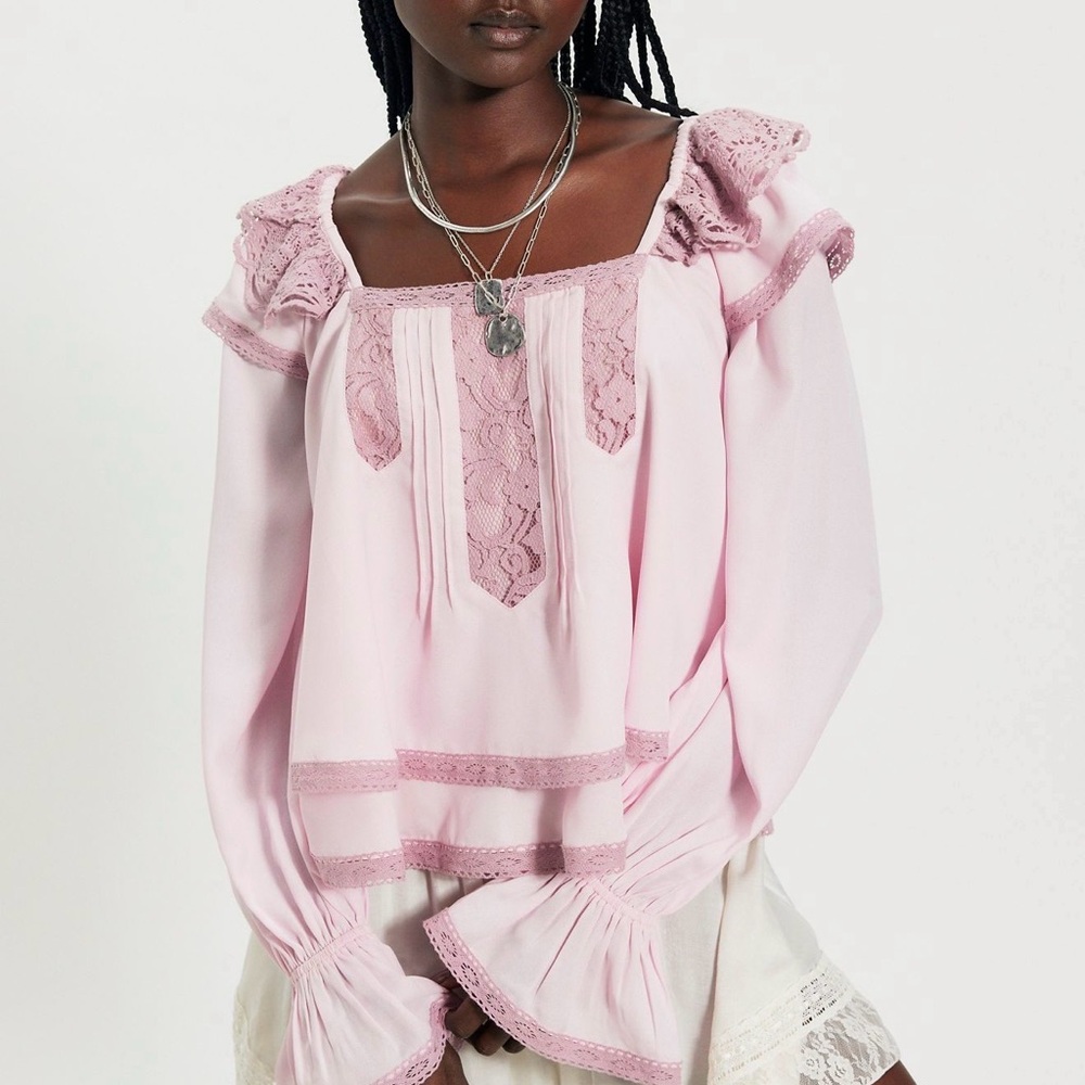 Free People Blush Lace Trim Blouse